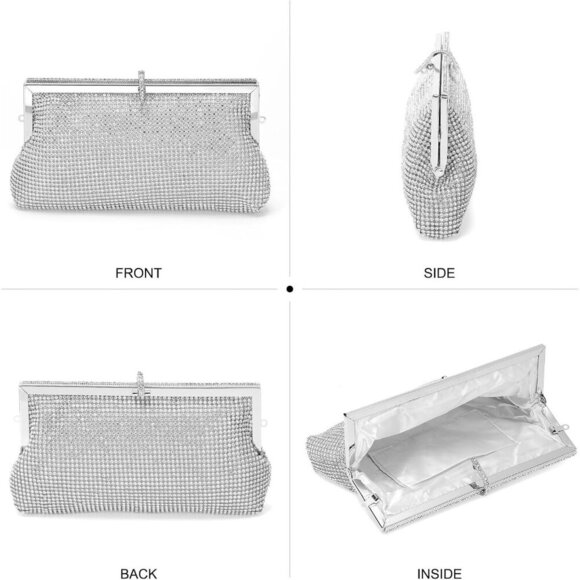 🆕Women Silver Polyester Crystal Rhinestone Evening Clutch Purse Crossbody - Picture 7 of 7